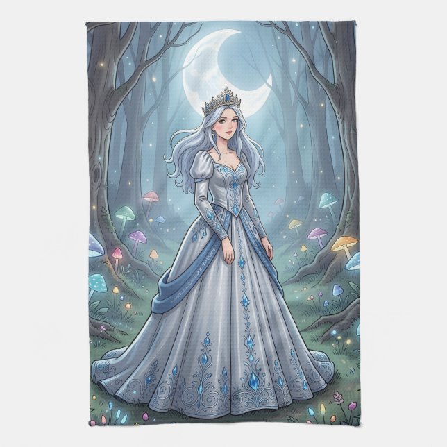 Silberblaue Prinzessin im Wald Geschirrtuch (Vertikal)