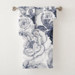 Silberblaue Vintage Blume Muster Badetuch Set