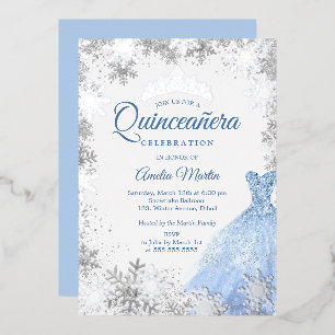 Silberblaue Winter-Schneeflocken-Quinceanera Folieneinladung