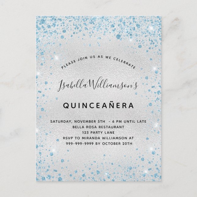 Silberblauer Glitzer aus Quinceanera Einladungspostkarte (Vorderseite)