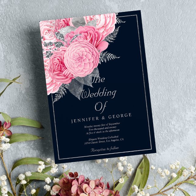 Silberblauer Glitzer Rosa Blumenhochzeit Einladung (Navy blue silver glitter pink floral wedding)