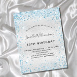 Silberblauer Glitzer zum Geburtstag glamourös Einladungspostkarte<br><div class="desc">Für einen eleganten 40. Geburtstag (oder jedes Alter). Ein Imitat silber metallisch aussehender Hintergrund. Mit blauen Imitaten Glitzer Staub. Personalisieren und fügen Sie Namen, Alter und Party Details hinzu. Der Name wird mit einem handgeschriebenen Stilskript geschrieben. Zurück: Imitate silberer Hintergrund, Postkartendesign. Tipp: Wenn Sie es nicht so gewollt haben, dass...</div>