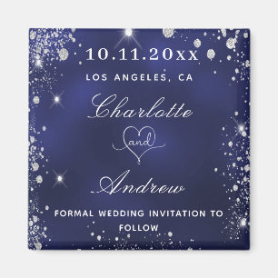 Silberblauer Hochzeitschiff Glitzer Save the Date Magnet