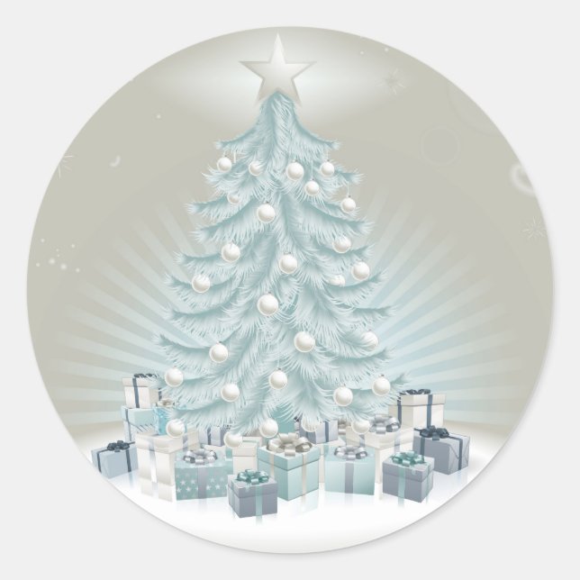 Silberblauer Weihnachtsbaum, Bälle und Geschenke Runder Aufkleber (Vorderseite)
