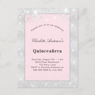 Silberblütenstaub aus Quinceanera, rosa Glitzer Einladungspostkarte