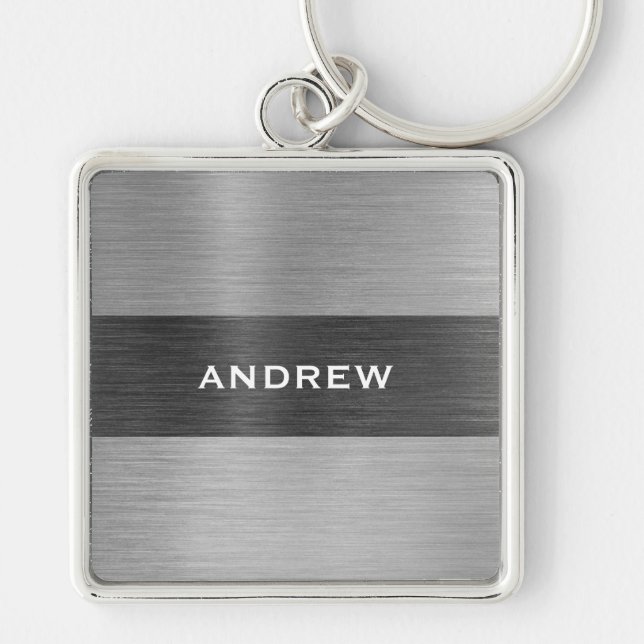 Silberbrushed Metal Metallic Monogram Name Schlüsselanhänger (Vorne)