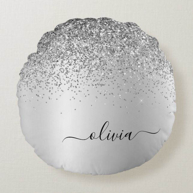 Silberbrushed Metal Monogram Name Girl Rundes Kissen (Vorderseite)