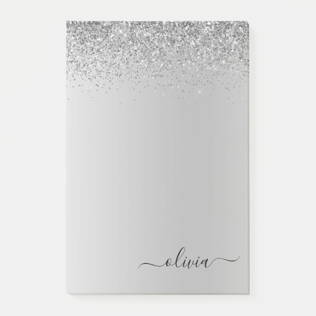 Silberbrushed Metal Monogram Name Luxus Post-it Klebezettel (Vorderseite)