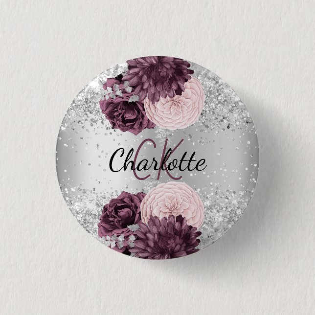 Silberburgund-Blumen mit elegantem Namensschild Button (Vorderseite)