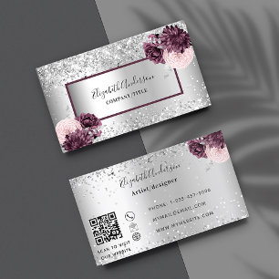 Silberburgund floriert elegant QR-Code Visitenkarte
