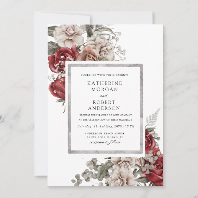 Silberburgund rustikale blumenreiche Hochzeit Einl Einladung (Vorderseite)