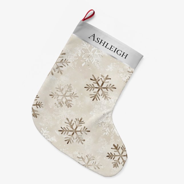Silbercreme Weiße Schneeflocken Weihnachten Großer Weihnachtsstrumpf (Vorderansicht (hängend))