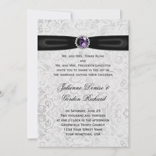 SilberDamast Schwarzes Ribbon Lila Jewel Wedding Einladung (Vorderseite)
