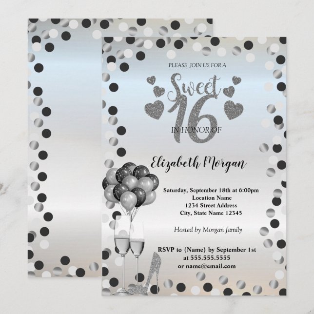 Silberdots, Glas, Ballons Sweet 16 Party Einladung (Vorne/Hinten)