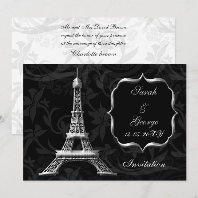 Silbereiffelturm Pariser Hochzeitseinladung Einladung (Vorne/Hinten)