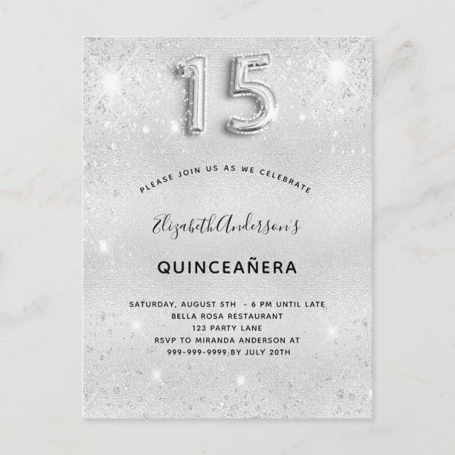 Silberer Glitzer aus Quinceanera glamourös Einladungspostkarte (Vorderseite)