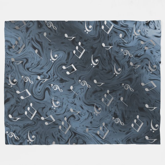 silberfarbene Musiknoten in Blau Fleecedecke (Vorderseite (Horizontal))