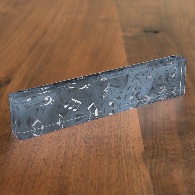 silberfarbene Musiknoten in Blau Namensplakette (Seite)