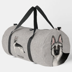 Silberfarbener Deutscher Schäferhund und benutzerd Duffle Bag
