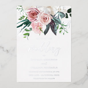 Silberfolie & Rosé-Blumenhochzeit Folieneinladung