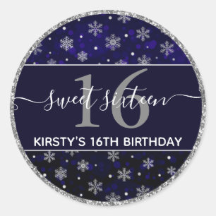 Silberfolie-Schneeflocken & blaues Bokeh Sweet 16 Runder Aufkleber