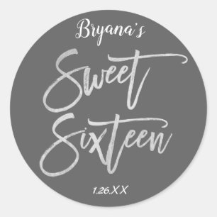 Silberfolie Sweet 16 Sechzehn Moderne Schrift Part Runder Aufkleber