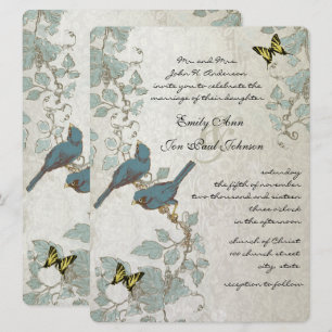 Silbergelbe Schmetterlinge und Vögel Hochzeiten Einladung