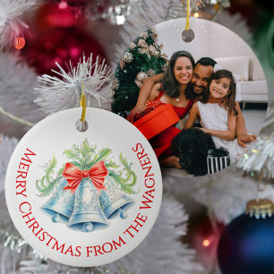 Silberglocken Wasserfarbe rotes Band Weihnachtsfot Keramik Ornament