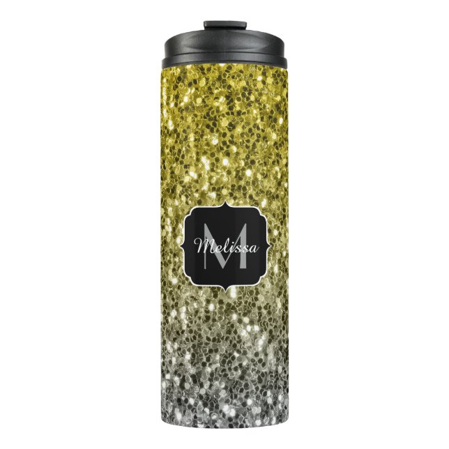 Silbergold dunkle Glitzern Glitzer ombre Monogram Thermosbecher (Vorderseite)
