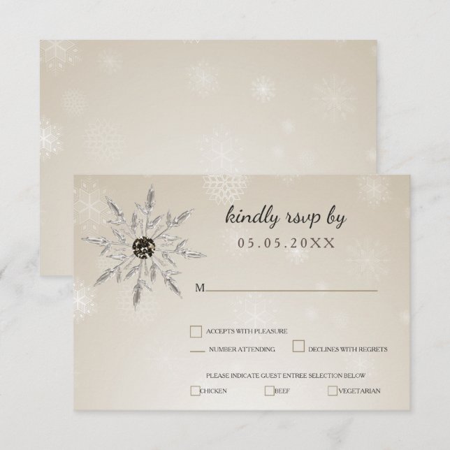 Silbergold Schneeflocken Winterhochzeit uAwg RSVP Karte (Vorne/Hinten)