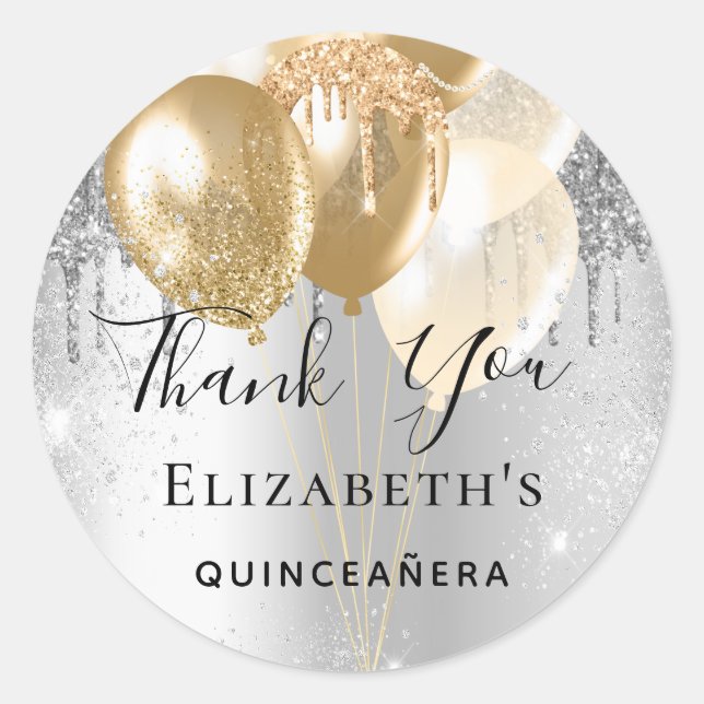 Silbergoldballons aus Quinceanera Vielen Dank Runder Aufkleber (Vorderseite)