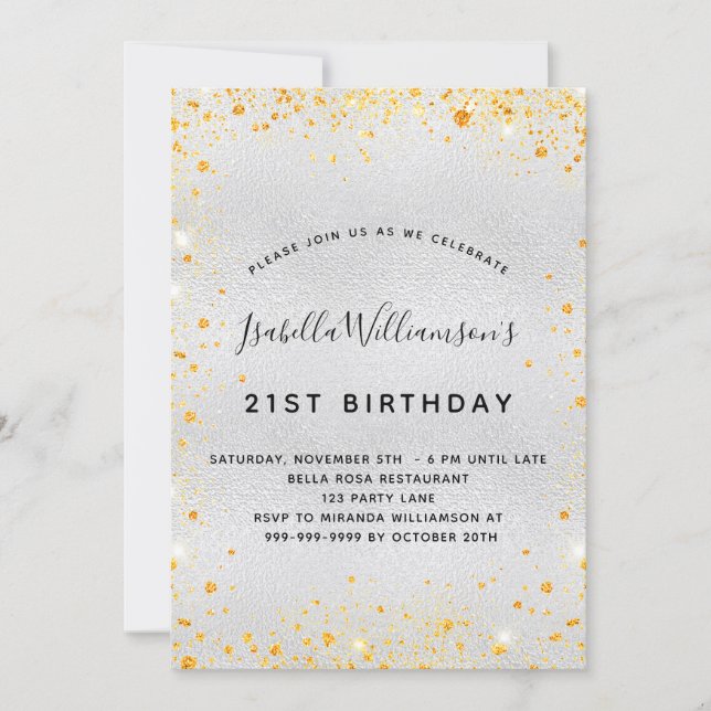 Silbergoldblütenstaub am Geburtstag funkeln Einladung (Vorderseite)