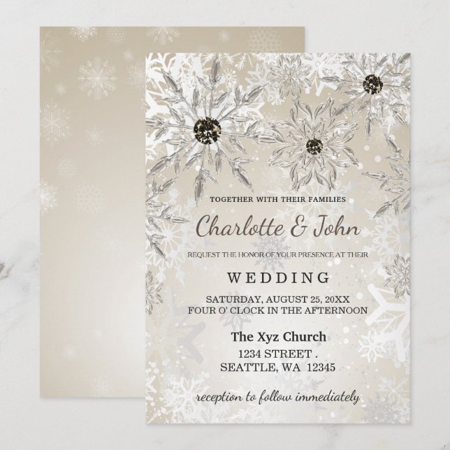 Silbergoldschneeflocken Winterhochzeit Einladung (Vorne/Hinten)