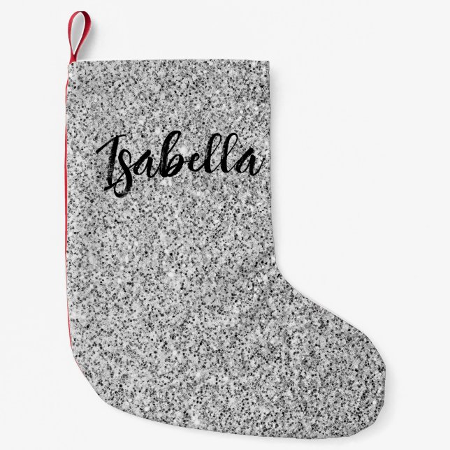 Silbergrau-Glitzer Glitzern Individuelle Name Kleiner Weihnachtsstrumpf (Vorderseite)