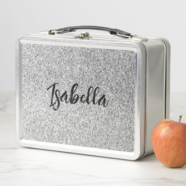 Silbergrau-Glitzer Glitzern Individuelle Name Metall Brotdose (Beispiel)