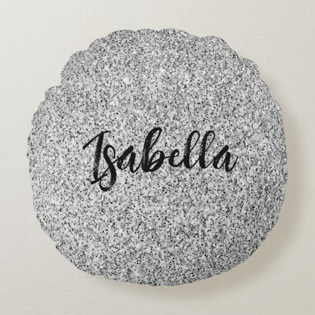 Silbergrau-Glitzer Glitzern Individuelle Name Rundes Kissen (Vorderseite)