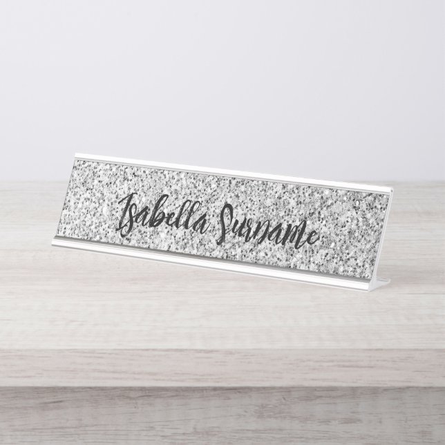 Silbergrau-Glitzer Glitzern Individuelle Name Schreibtischnamensplakette (Vorderseite )