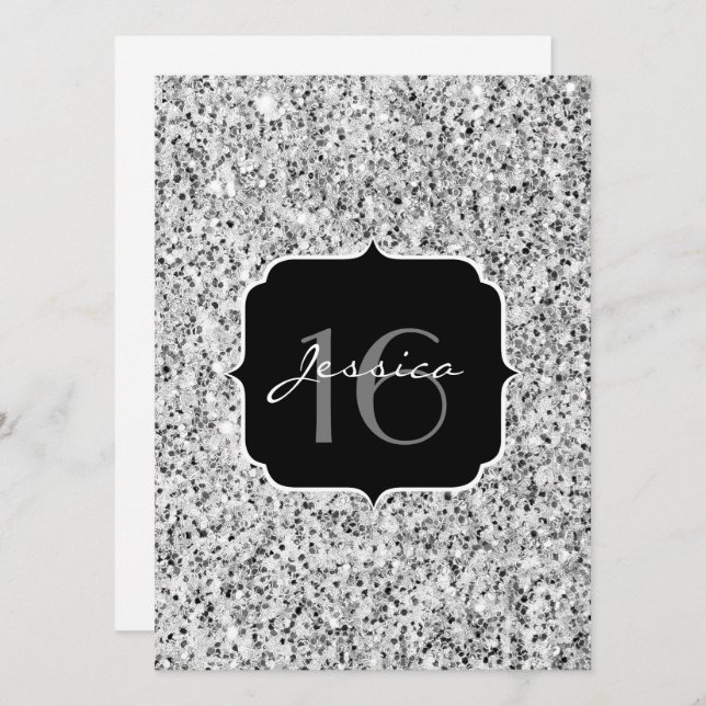 Silbergrau, leicht Glitzer Glitzern Sweet 16 Einladung (Vorne/Hinten)