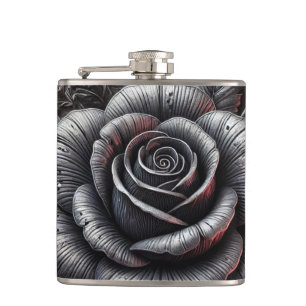 Silbergrau & Schwarze Rose Elegante Gothic Hochzei Flachmann