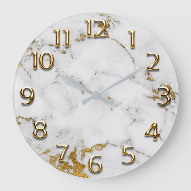 Silbergraue arabische Zahlen Abstrakter Goldmarmor Große Wanduhr (Vorderseite)