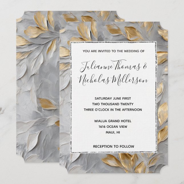 Silbergraue Blätter Hochzeit Einladung (Vorne/Hinten)