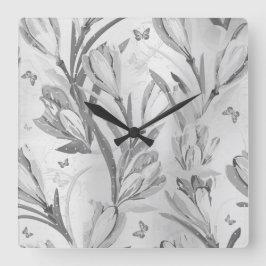 Silbergraue Blütengraue monochromatische Butterfly Quadratische Wanduhr