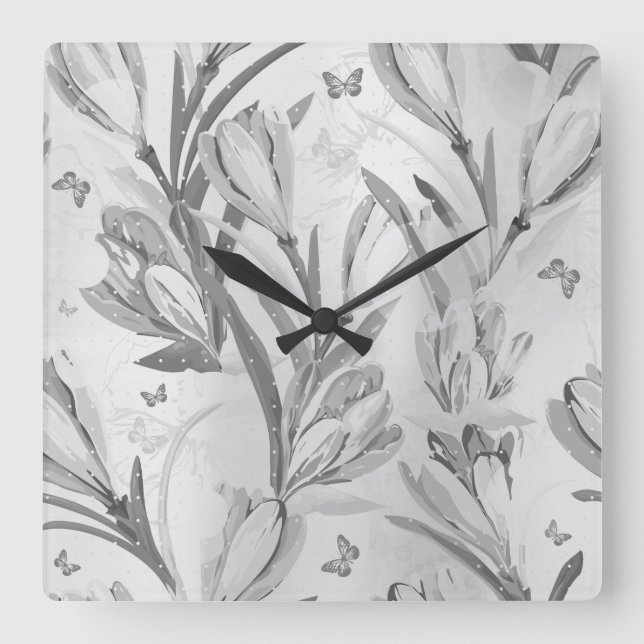 Silbergraue Blütengraue monochromatische Butterfly Quadratische Wanduhr (Vorderseite)