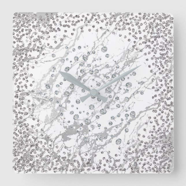 Silbergraue Diamantkristalle Marmorweiß Schlaganfä Quadratische Wanduhr (Vorderseite)