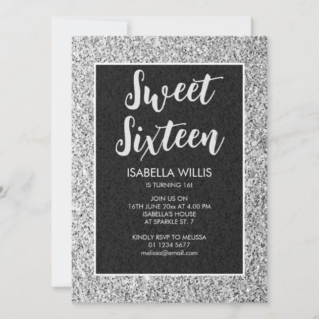 Silbergraue Glitzern Sweet 16 elegante Schrift Einladung (Vorderseite)