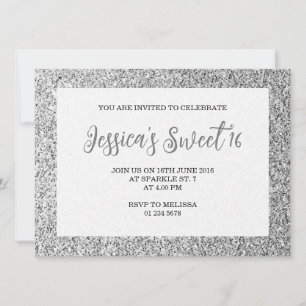 Silbergraue Glitzern Sweet 16 elegante Schrift Einladung