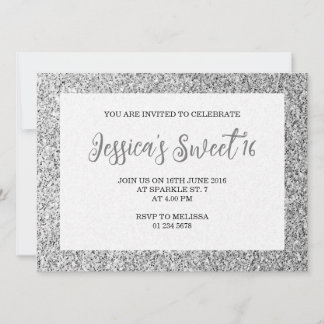 Silbergraue Glitzern Sweet 16 elegante Schrift Einladung