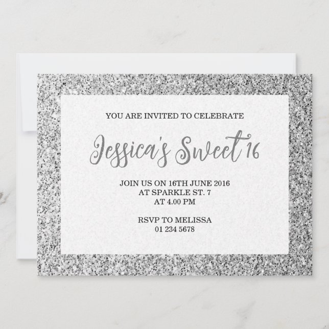 Silbergraue Glitzern Sweet 16 elegante Schrift Einladung (Vorderseite)