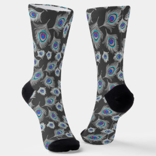 Silbergraue/graue PfauenFedern auf dunkelgrau Socken