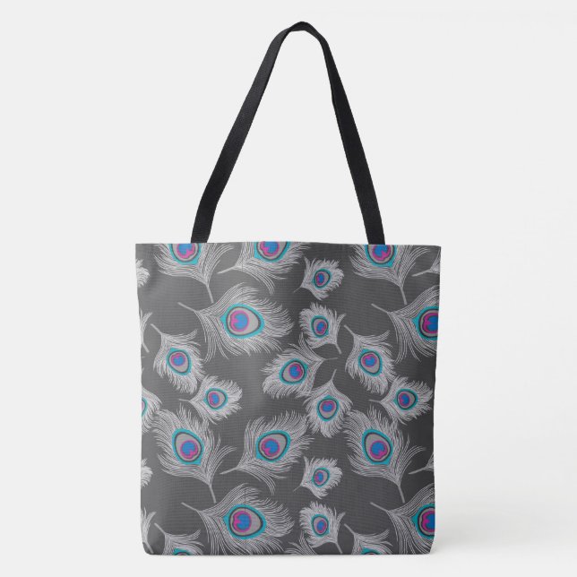 Silbergraue/graue PfauenFedern auf Grafit Tasche (Vorderseite)